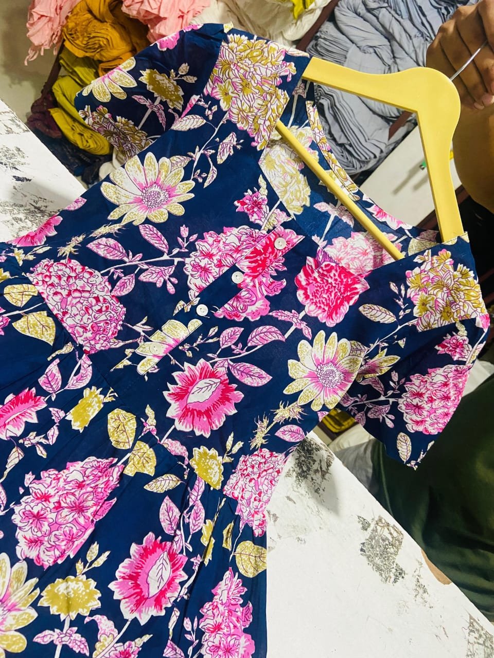 Blue Printed Cotton Midi Gown Dress